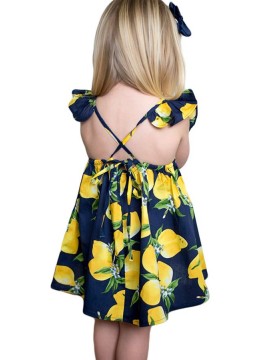 Navy Blue Lemon Print Girls’ Sundress