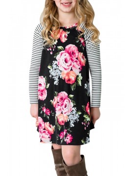 Black Spring Fling Floral Striped Sleeve Short Dress for Kids