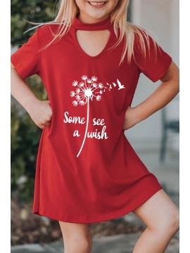 Red Dandelion Letters Print Keyhole Front T Shirt Dress
