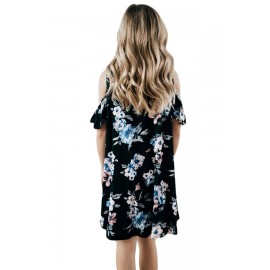 Black Floral Cold Shoulder Tunic Dress