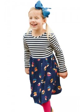 Navy Striped Cartoon Hedgehog Kid Dress