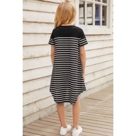 Black Colorblock Patchwork Striped Girls' Dress