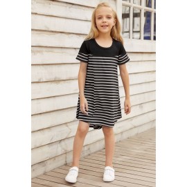 Black Colorblock Patchwork Striped Girls' Dress