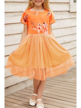 Orange Short Sleeves Floral Bodice Empire Waist Kids' Tulle Dress