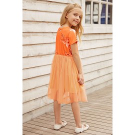 Orange Short Sleeves Floral Bodice Empire Waist Kids' Tulle Dress