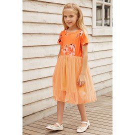 Orange Short Sleeves Floral Bodice Empire Waist Kids' Tulle Dress