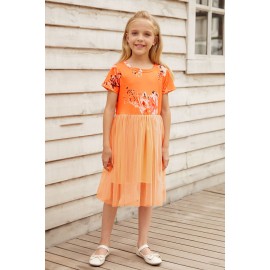Orange Short Sleeves Floral Bodice Empire Waist Kids' Tulle Dress