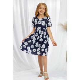Blue Crewneck Short Sleeve Pockets Floral Girl's Midi Dress