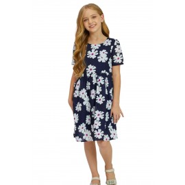 Blue Crewneck Short Sleeve Pockets Floral Girl's Midi Dress