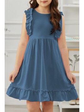 Blue Ruffled Empire Waist Pleated Flowy Kid Dress