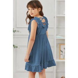 Blue Ruffled Empire Waist Pleated Flowy Kid Dress
