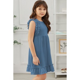 Blue Ruffled Empire Waist Pleated Flowy Kid Dress