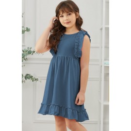 Blue Ruffled Empire Waist Pleated Flowy Kid Dress