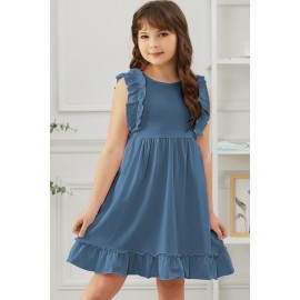 Blue Ruffled Empire Waist Pleated Flowy Kid Dress