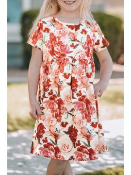 Crewneck Short Sleeve Floral Girl's Midi Dress