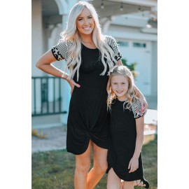 Black Leopard Striped Splicing Twist Knot Kids Dress