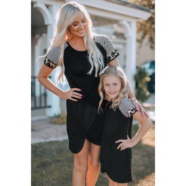 Black Leopard Striped Splicing Twist Knot Kids Dress