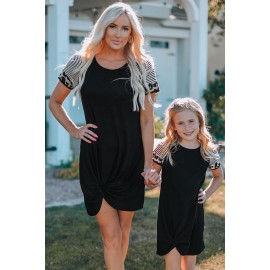 Black Leopard Striped Splicing Twist Knot Kids Dress