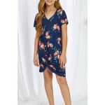 Blue Floral Print Twist Knot V Neck Girl's Mini Dress 