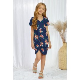 Blue Floral Print Twist Knot V Neck Girl's Mini Dress 