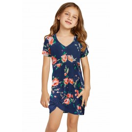 Blue Floral Print Twist Knot V Neck Girl's Mini Dress 