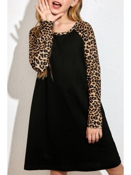 Black Leopard Patchwork Girl's Long Sleeve Dress