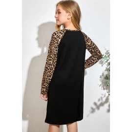 Black Leopard Patchwork Girl's Long Sleeve Dress