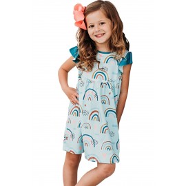 Sky Blue Graphic Print Ruffled Cap Sleeve Girl's Mini Dress