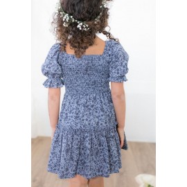 Blue Little Girl Puff Sleeve Leopard Print Empire Dress
