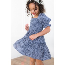 Blue Little Girl Puff Sleeve Leopard Print Empire Dress