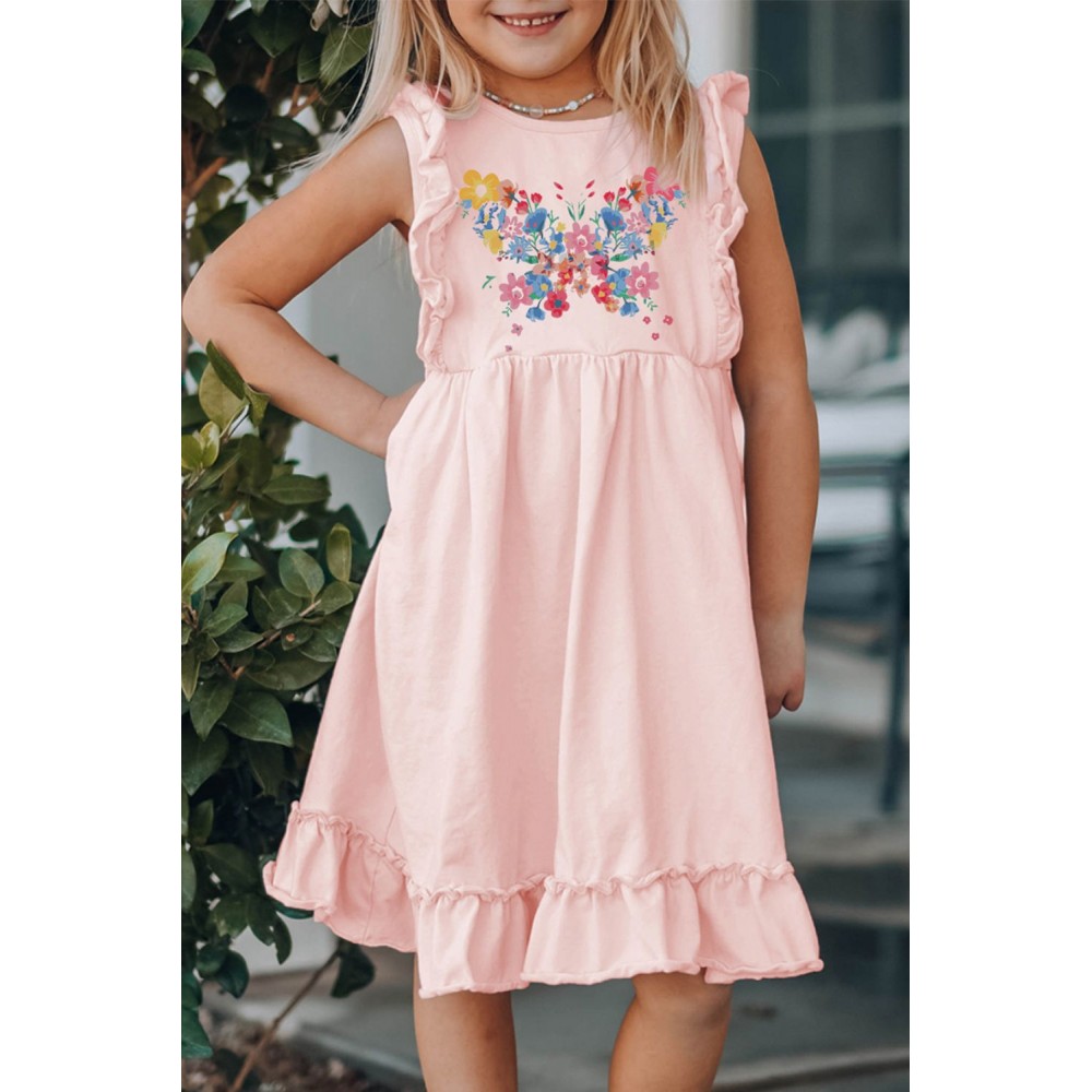 Pink Floral Butterfly Print Ruffled Sleeveless Girl's Mini Dress Pink Floral Butterfly Print Ruffled Sleeveless Girl's Mini Dress