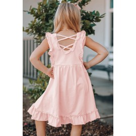 Pink Floral Butterfly Print Ruffled Sleeveless Girl's Mini Dress