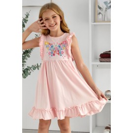 Pink Floral Butterfly Print Ruffled Sleeveless Girl's Mini Dress