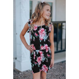 Black Floral Print Ruffled Sleeveless Girls Romper