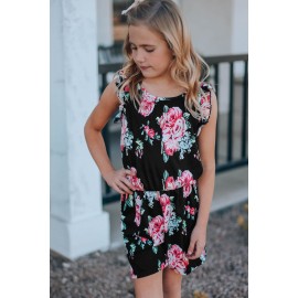 Black Floral Print Ruffled Sleeveless Girls Romper