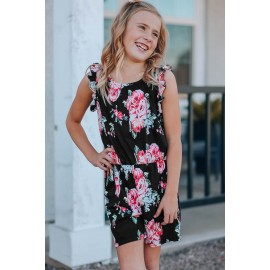 Black Floral Print Ruffled Sleeveless Girls Romper