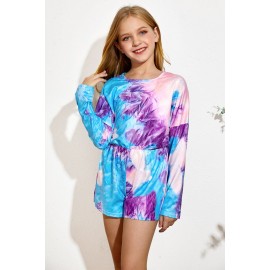Purple Long Sleeve Elastic Waist Tie-dye Girl's Romper