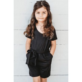 Black Tie Waist V Neck Short Sleeve Girl's Romper