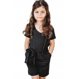 Black Tie Waist V Neck Short Sleeve Girl's Romper
