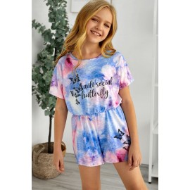 Sky Blue Anti-social Butterfly Tie Dye Print Girl's Romper
