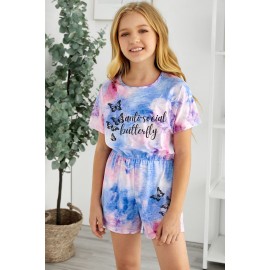 Sky Blue Anti-social Butterfly Tie Dye Print Girl's Romper
