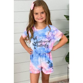 Sky Blue Anti-social Butterfly Tie Dye Print Girl's Romper