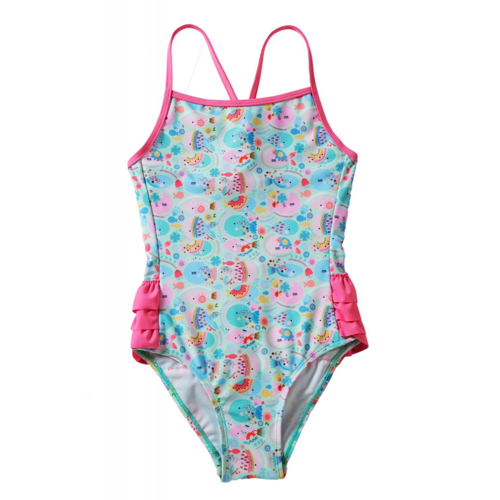Girls’ Cartoon Fish World Ruffle Back Teddy Swimsuit
