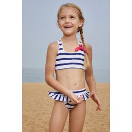 Navy Blue Striped Cross Back Bikini for Little Girls