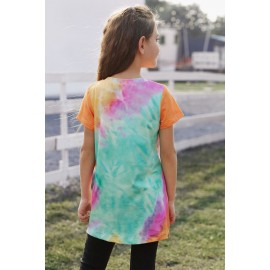 Orange Tie Dye Tape Letter Graphic Print Twist Knot Girl's T Shirt