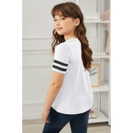 White Baseball Letter Graphic Print Striped Short Sleeve Girl's T Shirt