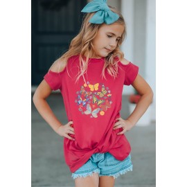 Rose Butterfly Print Cold Shoulder Girl's T Shirt