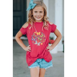 Rose Butterfly Print Cold Shoulder Girl's T Shirt
