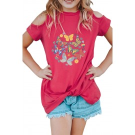 Rose Butterfly Print Cold Shoulder Girl's T Shirt