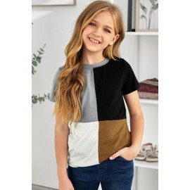Brown Round Neck Color Block Little Girl T-shirt